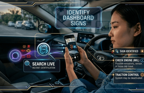 how do i use search live to identify the signs showing on my car dashboard